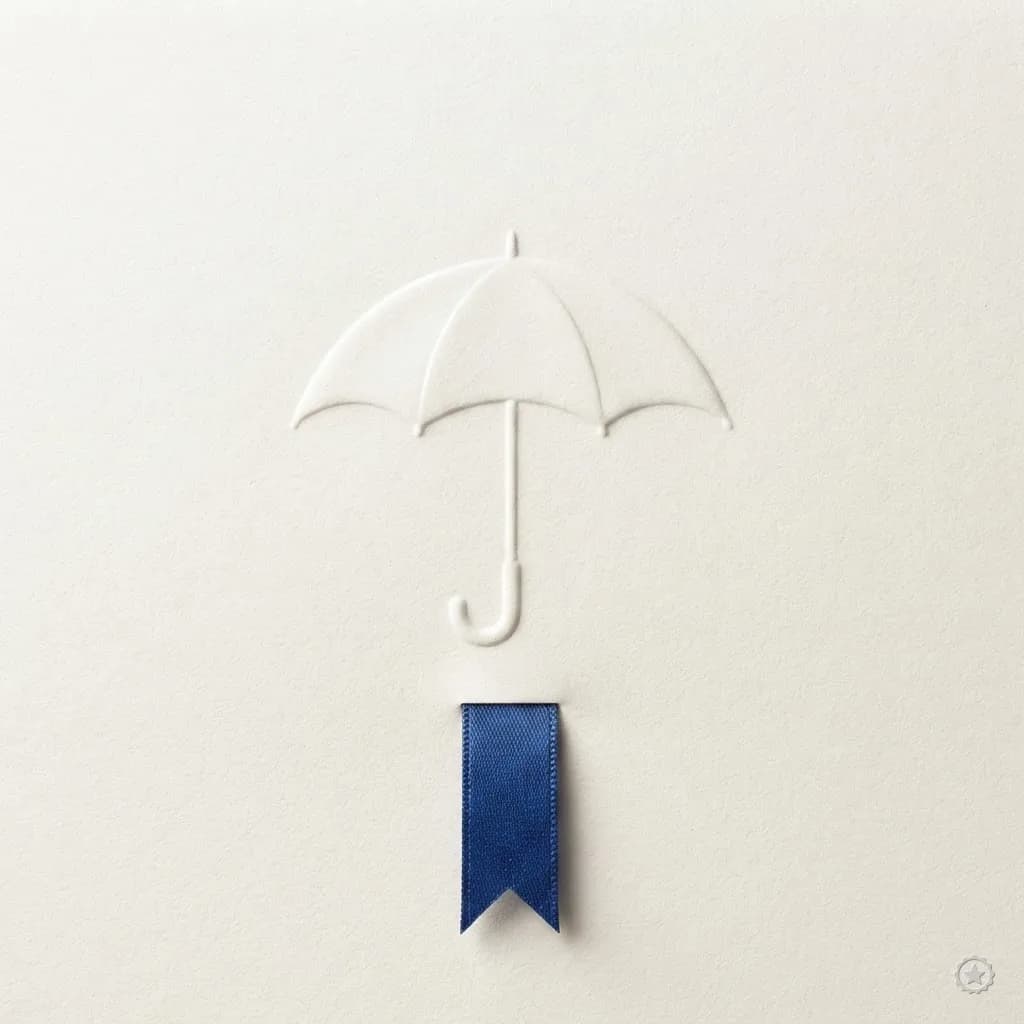 Embossed relief of an umbrella emblem with a blue ribbon