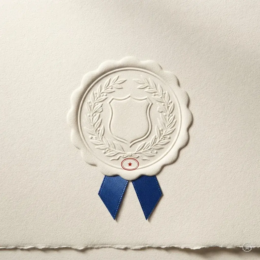 Embossed relief of a scalloped seal with a blue ribbon