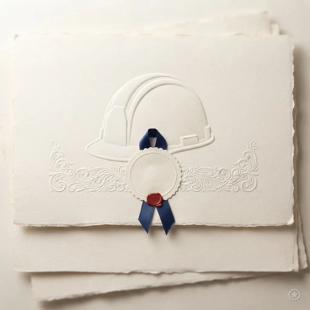 Embossed relief of a hard hat emblem with a ribbon