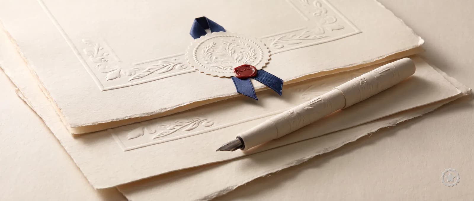 Embossed paper relief of stacked documents with a seal and a blue ribbon